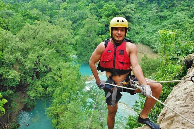 Rappelling beside Minas Viejas and Micos Waterfall - Minas Viejas: ropes, rock, and a cold turquoise pool